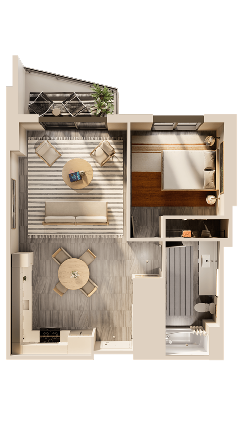 Floor plan for 1 bed, 1 bath, 679 sqft